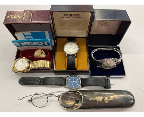 Lot wristwatches and pair vintage spectacles in case
