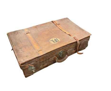 Vintage brown leather suitcase, 73.5cm in overall length.