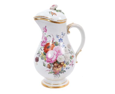 A Nymphenburg baluster shaped jug and cover, finely painted with flowers, circa 1780, 21cm highThe cover has some small losse