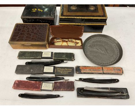 Group of vintage cut throat razors, pair of vintage spectacles in case, old tins etc