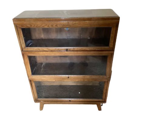 Near pair of Globe Wernicke Ltd three tier glazed lifting door book shelves cabinets, 85cm wide, 28cm deep, 118.5cm high and 