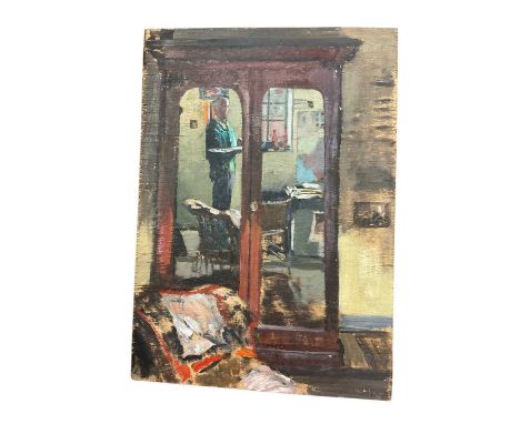 20th century oil on panel, sketch of a figure and wardrobe, 36 x 26cm