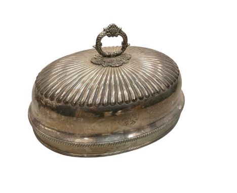 Regency silver plated meat cover with reeded decoration and engraved coat of arms