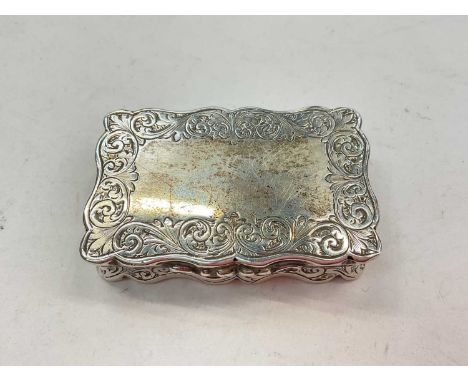 Late Victorian silver snuff box with engraved foliate decoration, vacant cartouche and silver gilt interior, maker George Uni