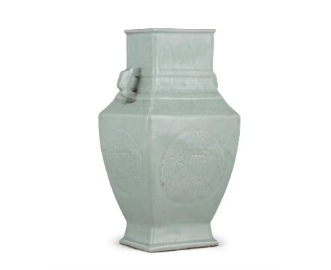 A CELADON PORCELAIN VASE OF ARCHAISTIC FANGHU SHAPE APOCRYPHAL IMPRESSED MARK OF EMPEROR QIANLONG CHINA, LATE QING DYNASTY Of