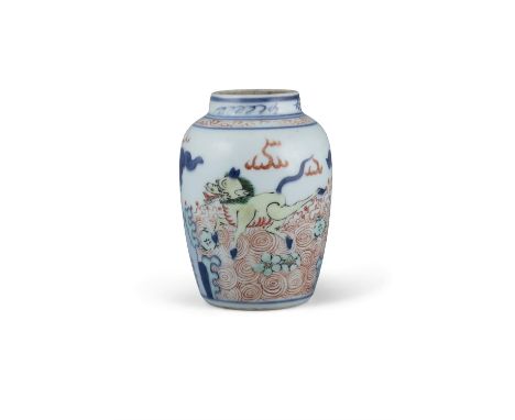 A WUCAI ‘FLYING BEAST AND FLYING HORSE’ PORCELAIN VASE  CHINA, POSSIBLY KANGXI PERIOD OR LATER It rests on an unglazed flat f