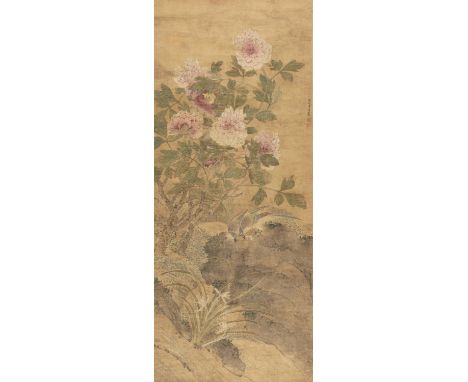 *CHINESE SCHOOL, AFTER FU QING 傅清 (D. 1750) CHINA Two flycatchers eating a butterfly in a landscape with rocks and peonies In