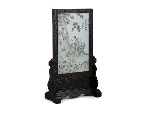 A SIGNED QIANJIANG CAI PORCELAIN WOODEN MOUNTED AS A TABLE SCREEN OR ALTAR SCREEN CHINA, LATE QING TO REPUBLIC / MINGUO PERIO