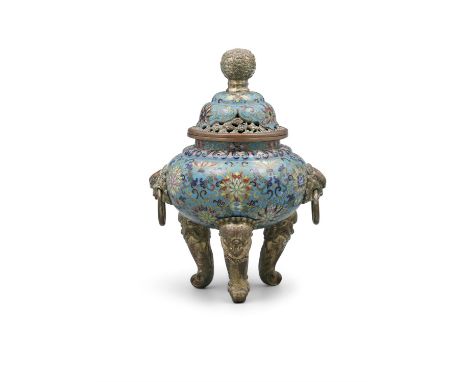 A THREE-LEGGED ‘LOTUS’ LIDDED CLOISONNE INCENSE BURNER  CHINA, LATE QING DYNASTY, 19TH CENTURY Of compressed globular body, r