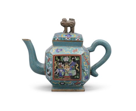 A CLOISONNE ENAMEL ‘AUSPICIOUS SYMBOLS’ LIDDED TEAPOT CHINA, LATE QING DYNASTY, 19TH CENTURY Of faceted shape, with a foo dog