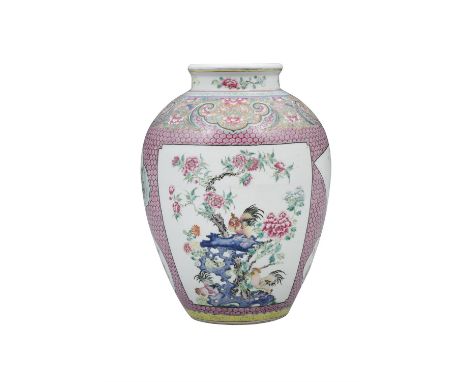 A LARGE FAMILLE ROSE PORCELAIN ‘BIRD’ JAR CHINA, QING DYNASTY, 19TH CENTURY, YONGZHENG STYLE It rests on an unglazed ring foo