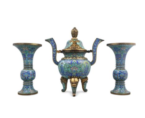 A PALACE SIZE THREE-PIECE (3) CLOISONNÉ ‘LOTUS’ ALTAR GARNITURE, ELEMENTS OF A WUGONG CHINA, LATE QING DYNASTY, 19TH CENTURY 