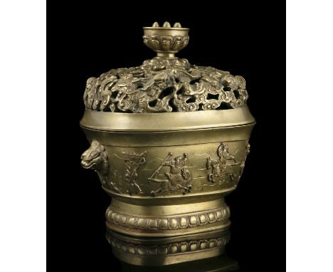 A LARGE AND HEAVY CASTED ‘DRAGON AND SEA CREATURES’ INCENSE BURNER AND COVER, XIANGLU 香爐 WITH AN APOCRYPHAL MARK OF EMPEROR X