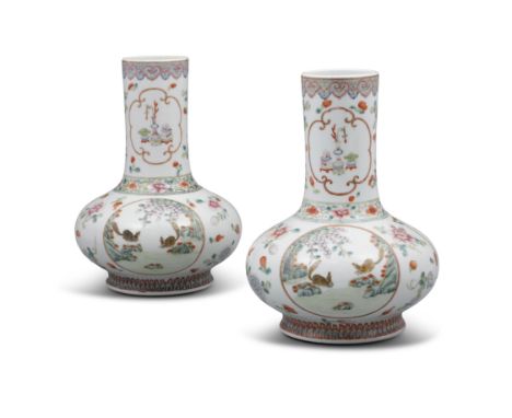 A PAIR OF FAMILLE ROSE ‘DEER AND FUNGUS’ PORCELAIN BOTTLE VASES, TIANQIUPING APOCRYPHAL MARK OF EMPEROR QIANLONG  CHINA, POSS