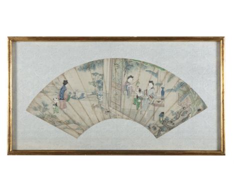 CHINESE SCHOOL (CHINA, 19TH CENTURY)  Ladies, boys at play and puppies / dogs  Ink and colors on a paper brisé fan laid on an