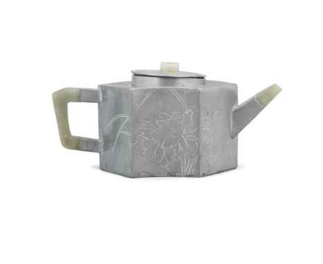 A JADE EMBELLISHED INGOT-SHAPED  ‘LOTUS POND’ PEWTER ENCASED YIXING TEAPOT BY FAN LUZENG  DATED TO A SÌ HÀI 巳亥 YEAR CORRESPON