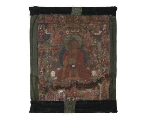 A THANGKA OF BUDDHA SHAKYAMUNI OR GAUTAMA BUDDHA  TIBET, CHINA, TIBETO-CHINESE, 18TH TO 19TH CENTURY Distemper on cloth. Shak