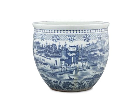 A RARE PALACE SIZED ‘PAVILION OF PRINCE TENG - TENGWANGGE - 滕王閣圖’ PORCELAIN FISHBOWL  CHINA, JINGDEZHEN KILNS, MID TO LATE QI