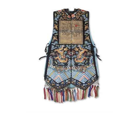 A EMBROIDERED SILK XIAPE OR COURT WAISTCOAT CHINA, QING DYNASTY, 19TH CENTURY Made of dark night blue silk. The front and the