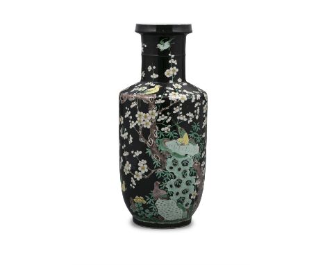 A LARGE FAMILLE NOIRE ‘MAGPIES AND PRUNUS’ PORCELAIN VASE OF ROULEAU SHAPE, BANGCHUIPING APOCRYPHAL MARK OF EMPEROR KANGXI CH