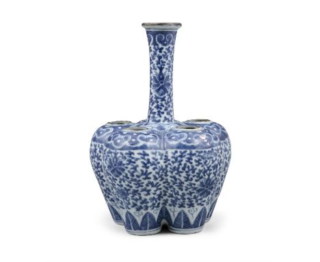 A BLUE AND WHITE PORCELAIN ‘EIGHT TREASURES OF BUDDHISM’ TULIPIER  CHINA, POSSIBLY LATE QING DYNASTY It consists of vive elon