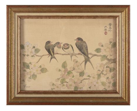 LIAO XINXUE (CHINA AND FRANCE, 1906-1958)  Quatre moineaux perchés sur une branche de prunus fleuris (Four sparrows perched o