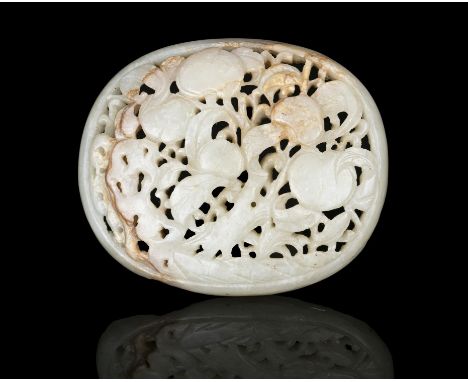 PROPERTIES FROM A FRENCH COLLECTOR OF JADE CARVINGS AND SNUFFBOTTLES  A RETICULATED JADE ‘PEACH’ PLAQUE CHINA, POSSIBLY MING 