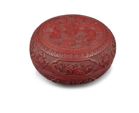 A LARGE CINNABAR LACQUER ‘FÚ LÙ SHÒU - 福祿壽’ ROUND BOX AND COVER CHINA, LATE QING DYNASTY, CIRCA 1900 The box of round shape a