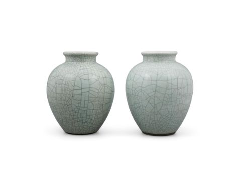 A PAIR OF GE OR GEYAO TYPE CRACKLED CELADON GLAZED PORCELAIN JARS  CHINA, LATE QING DYNASTY TO REPUBLIC / MINGUO PERIOD Heavy