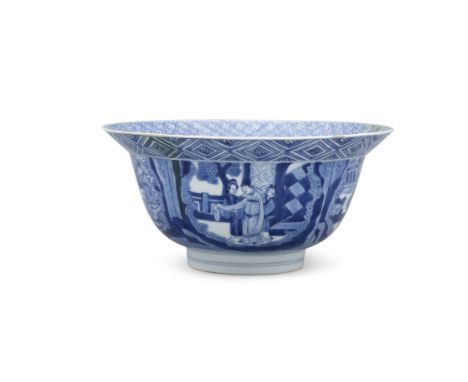 A LARGE BLUE AND WHITE 'ROMANCE OF THE WESTERN CHAMBER' PORCELAIN BOWL CHINA, QING DYNASTY, POSSIBLY KANGXI PERIOD It rests o