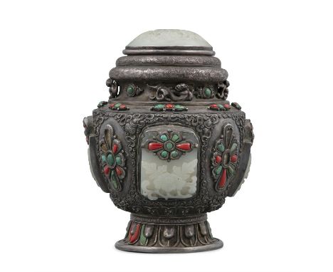 § A FINE SEMI-PRECIOUS STONES AND JADE EMBELLISHED TIBETAN BUDDHIST RITUAL COVERED CONTAINER, POSSIBLY A ‘DRU PO’ HIMALAYA OR