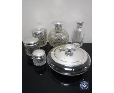 Four glass sterling silver lidded jars, perfume bottle and powder jar