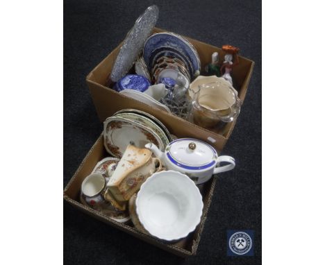 Two boxes of Coalport planter, Ringtons teapot, caddy, cheese dish and cover, etc 