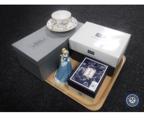 A tray of Royal Doulton Showcase Collection figure Cinderella, four boxed Royal Worcester fox glove tea cups and saucers, and