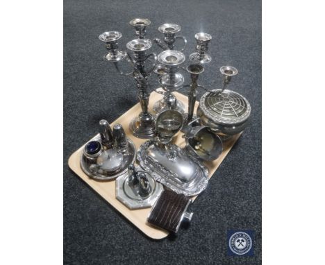 A tray of plated wares - candelabra, rose bowl, sugar helmet, cruet set etc plus a hip flask 