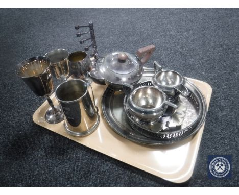 A tray of assorted plated ware - three piece Walker &amp; Hall tea service, plated tray, tankard etc 