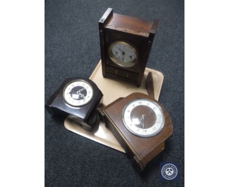 A tray of antique American style mantel clock, Enfield Bakelite clock together with a walnut cased Garrard mantel clock