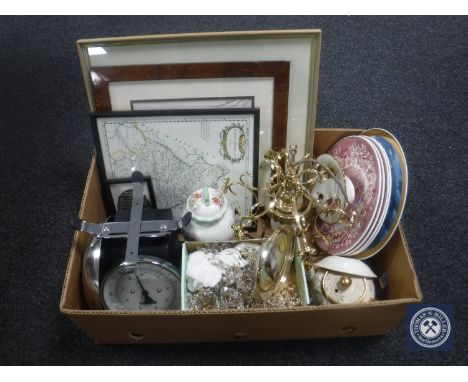 A box of brass light fitting with glass drops, assorted wall plates, china, kitchen scales, etc 