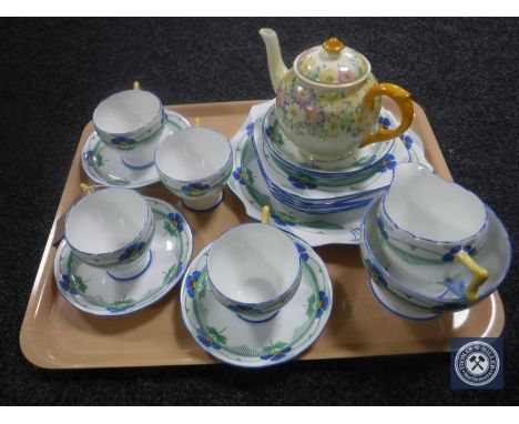 Eighteen pieces of Delphine hand painted china, with a Crown Staffordshire china teapot 