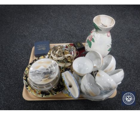 A tray of antique plates, Maling vase, Japanese tea service and costume jewellery 