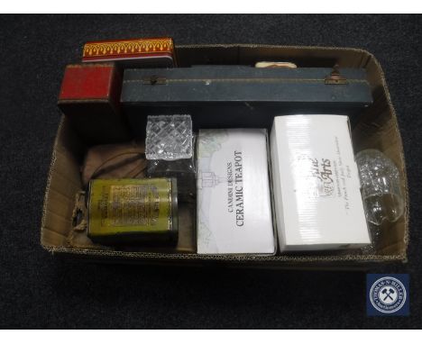 A box of vintage tins, Brownie cameras, mid 20th century mincer, assorted glass ware, boxed teapot and a cased Brindley sandw