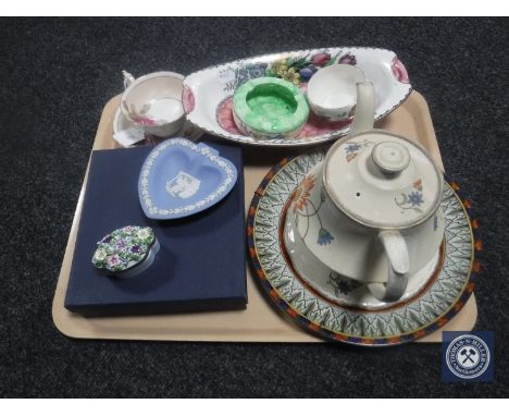 A tray of Royal Doulton Cypress wall plaque, Maling ware, Alfred Meakin floral pattern teapot on stand, Wedgwood dish etc