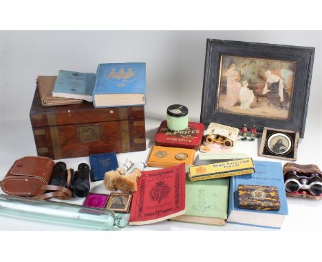 Walnut writing slope, together with a glass rolling pin, coins, books, binoculars, ambrotypes, two brushes, etc, (qty)