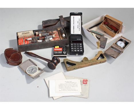 Mixed lot, to include instruments, a gavel, silver match box holder, pen knifes, etc, (qty)