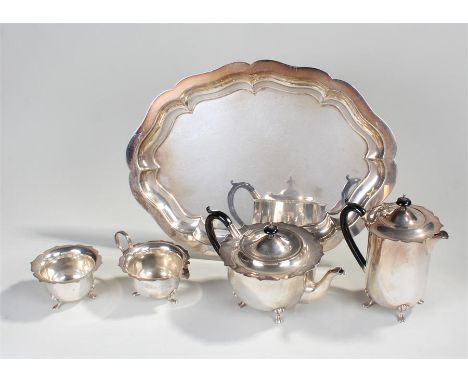 Silver plated five piece tea service, with tray, pots, jug and bowl