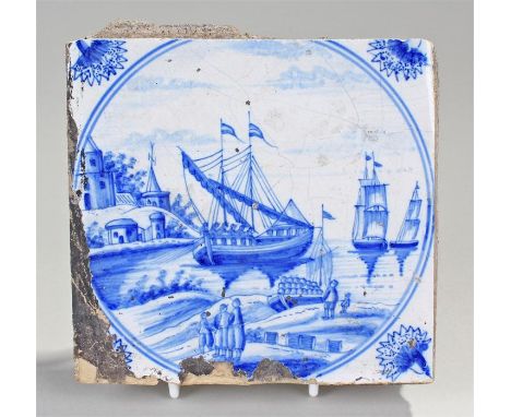 18th Century Delft tile, from Bawdsey Manor, the blue and white tile with a shipping scene, 12cm x 13cm