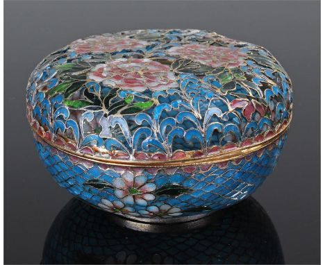 Enamelled bowl and cover, the fret pierced top with foliate decoration, the base with a blue enamel body and flower head deco