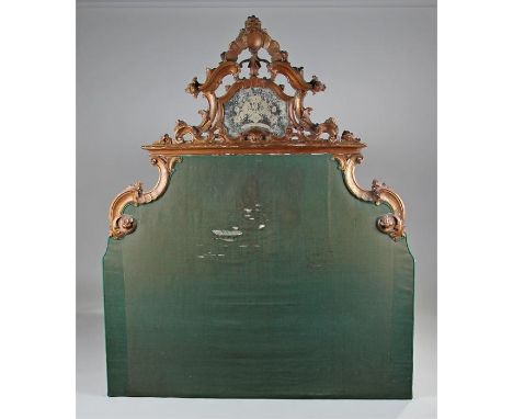19th Century bed head, with a gilt gesso crest with a central small mirror, C scrolls and shell frame, the main head board se