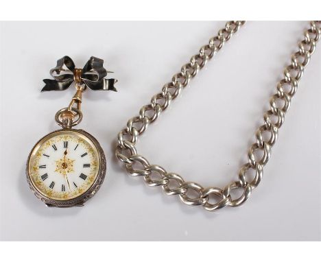 Silver open face pocket watch, the white enamel dial with Roman hours, a ribbon brooch attached, together with a silver watch