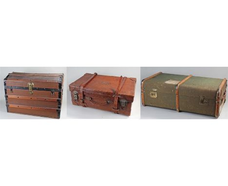 Leather clad suitcase, together with a dome top trunk and another, (3)